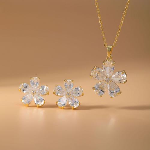 Messing Mode Schmuckset, Stud Ohrring & Halskette, Blume, plattiert, 2 Stück & Micro pave Zirkonia & für Frau, Goldfarbe, verkauft von setzen