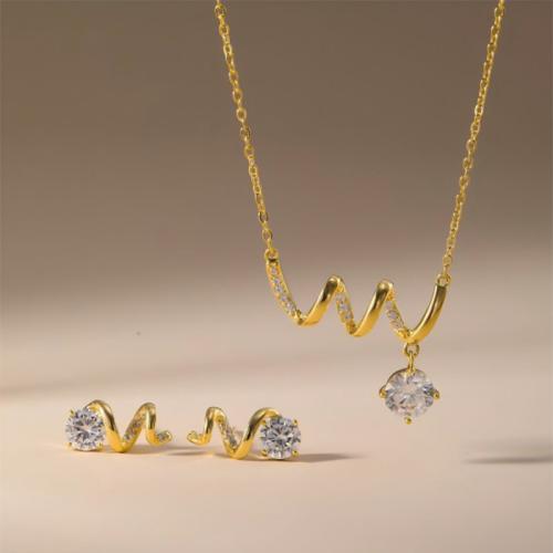 Messing Mode Schmuckset, Stud Ohrring & Halskette, plattiert, 2 Stück & Micro pave Zirkonia & für Frau, keine, verkauft von setzen