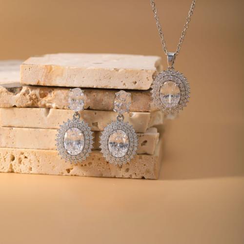 Messing Mode Schmuckset, Ohrring & Halskette, Blume, plattiert, 2 Stück & Micro pave Zirkonia & für Frau, Silberfarbe, verkauft von setzen