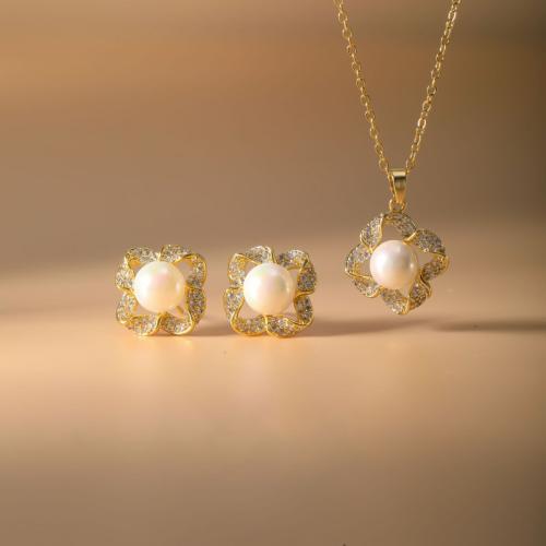laiton parure de bijoux, Boucle d’oreille stud & collier, avec perle de plastique, fleur, Placage, 2 pièces & pavé de micro zircon & pour femme, plus de couleurs à choisir, Vendu par fixé