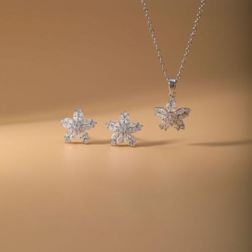 Brass Jewelry Set, Stud Earring & necklace, Flower, plated, 2 pieces & micro pave cubic zirconia & for woman, silver color, Sold By Set