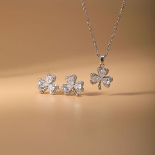Brass Jewelry Set, Stud Earring & necklace, Three Leaf Clover, plated, 2 pieces & micro pave cubic zirconia & for woman, silver color, Sold By Set