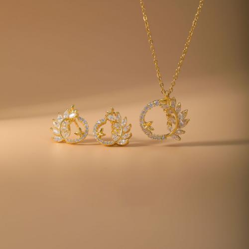 Brass Jewelry Set, Stud Earring & necklace, Wheat, plated, 2 pieces & micro pave cubic zirconia & for woman & hollow, gold, Sold By Set