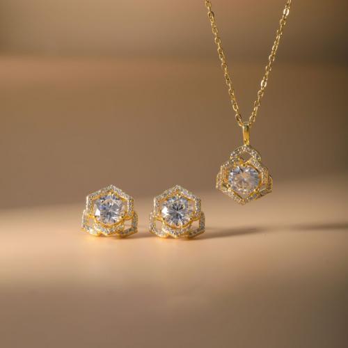 laiton parure de bijoux, Boucle d’oreille stud & collier, Rose, Placage, 2 pièces & pavé de micro zircon & pour femme & creux, plus de couleurs à choisir, Vendu par fixé