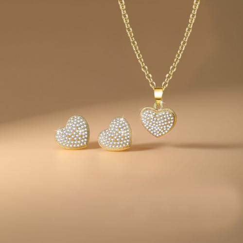 Brass Jewelry Set, Stud Earring & necklace, Heart, plated, 2 pieces & micro pave cubic zirconia & for woman, more colors for choice, Sold By Set