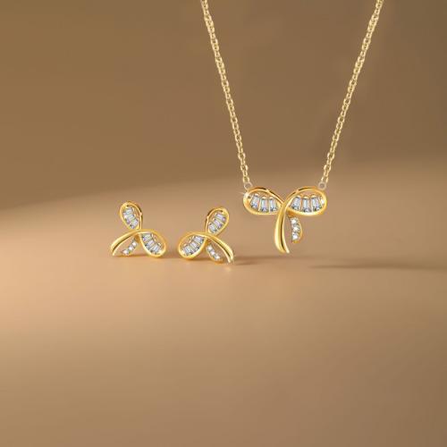 Brass Jewelry Set, Stud Earring & necklace, Bowknot, plated, 2 pieces & micro pave cubic zirconia & for woman, more colors for choice, Sold By Set