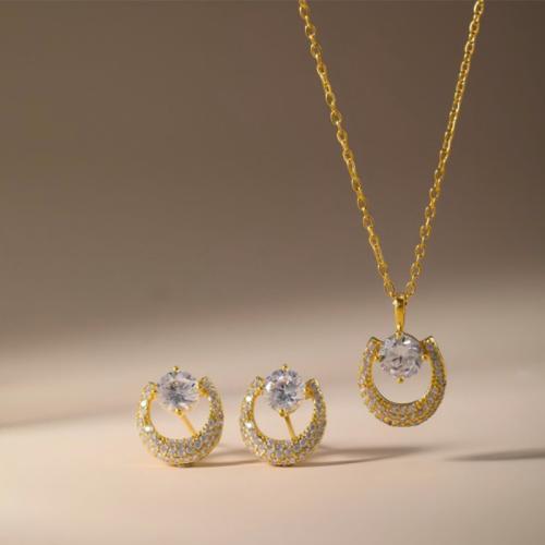 Messing Mode Schmuckset, Stud Ohrring & Halskette, plattiert, 2 Stück & Micro pave Zirkonia & für Frau, keine, verkauft von setzen