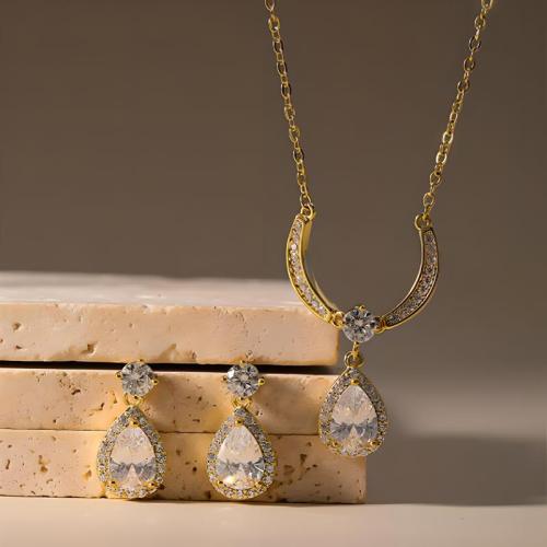 Messing Mode Schmuckset, Ohrring & Halskette, Tropfen, plattiert, 2 Stück & Micro pave Zirkonia & für Frau, keine, verkauft von setzen