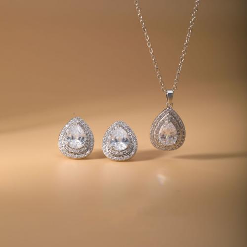 Messing Mode Schmuckset, Stud Ohrring & Halskette, Tropfen, plattiert, 2 Stück & Micro pave Zirkonia & für Frau, Silberfarbe, verkauft von setzen