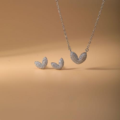 Messing Mode Schmuckset, Stud Ohrring & Halskette, plattiert, 2 Stück & Micro pave Zirkonia & für Frau, Silberfarbe, verkauft von setzen