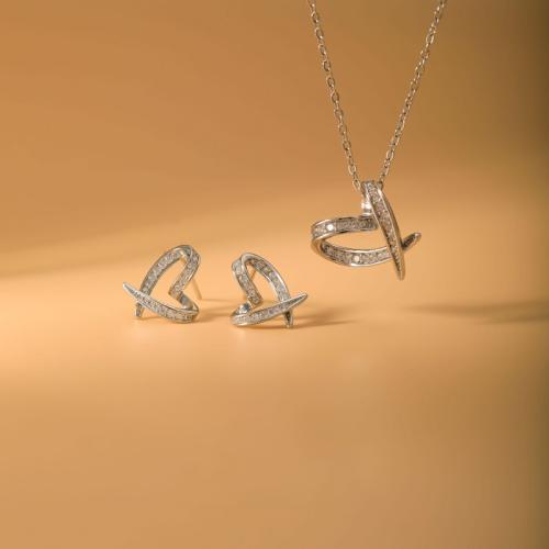 Messing Mode Schmuckset, Stud Ohrring & Halskette, Herz, plattiert, 2 Stück & Micro pave Zirkonia & für Frau & hohl, Silberfarbe, verkauft von setzen