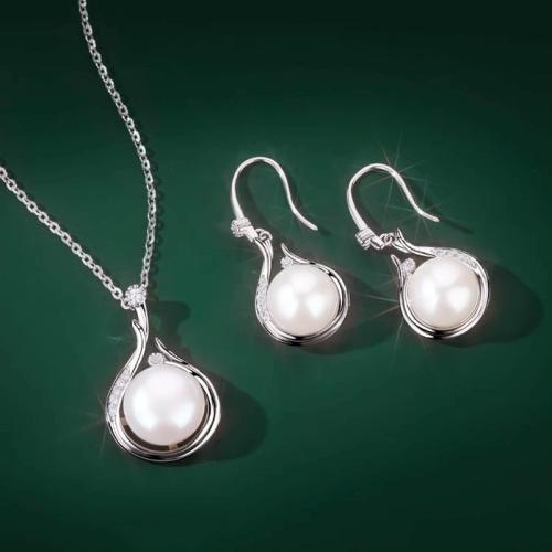 Natural Cultured Freshwater Pearl Jewelry Sets, earring & necklace, 925 Sterling Silver, with Freshwater Pearl, gold color plated, fashion jewelry, more colors for choice, Sold By Set