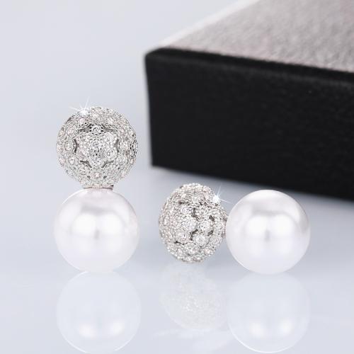 Cubic Zirconia Micro Pave Brass Earring, with Plastic Pearl, plated, fashion jewelry & micro pave cubic zirconia & for woman, Sold By Pair