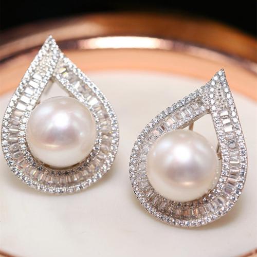 Cúbicos Circonia Pendiente Latón Micro pavimenta, metal, con Perlas plásticas, Gota, chapado, micro arcilla de zirconia cúbica & para mujer & hueco, Vendido por Par