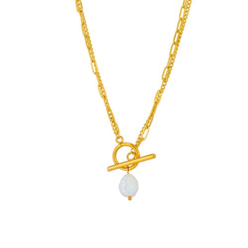 Titanium Steel Necklace, with Plastic Pearl, plated, Double Layer & fashion jewelry & for woman, golden, Sold By PC