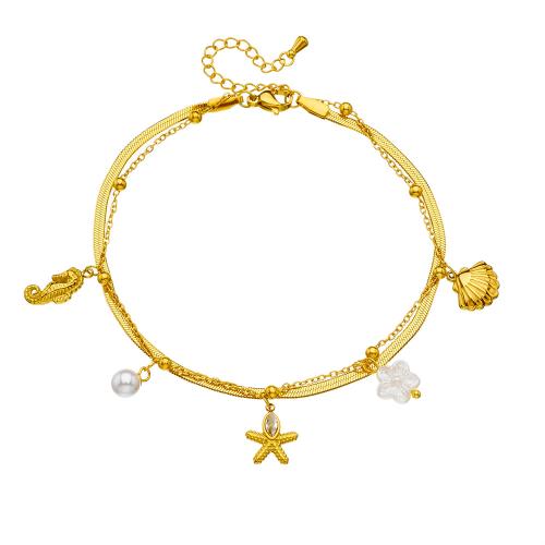 Stainless Steel Anklet, 304 Stainless Steel, with Plastic Pearl, gold color plated, Double Layer & different styles for choice & for woman, Sold By PC
