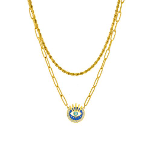 Evil Eye Jewelry Necklace, 304 Stainless Steel, plated, Double Layer & for woman & enamel & with rhinestone, golden, Sold By PC
