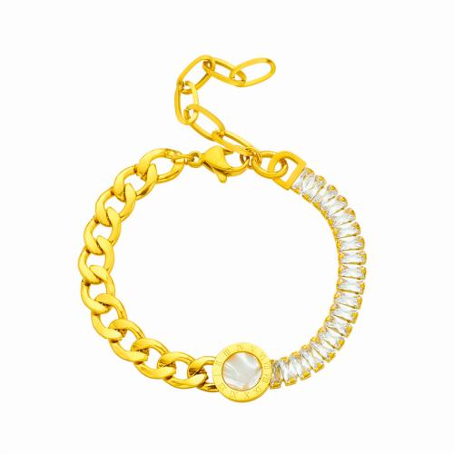 Stainless Steel Jewelry Bracelet, 304 Stainless Steel, with White Shell, plated, fashion jewelry & for woman & with rhinestone, golden, Sold By PC