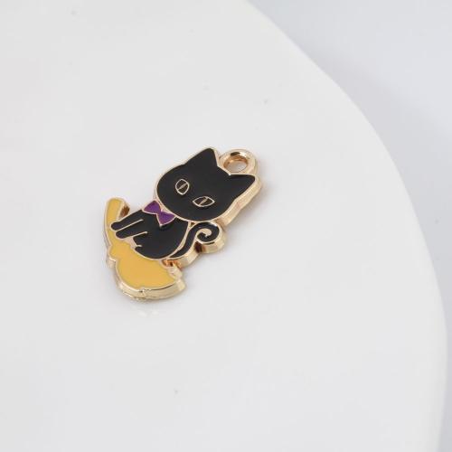 Pendant Halloween Fashion, alliage de zinc, chat, Placage de couleur d'or, Halloween Design & DIY & émail, couleurs mélangées, 19.50x14x1.40mm, Vendu par PC