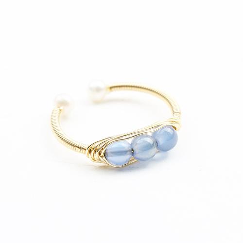 Freshwater Pearl Finger Ring, Brass, with Aquamarine & Freshwater Pearl, fashion jewelry & for woman, golden, 4mm, Sold By PC
