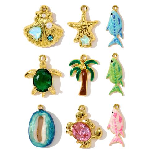 Bijoux pendentifs en acier inoxydable , Acier inoxydable 304, Placage de couleur d'or, DIY & pavé de micro zircon & émail & avec strass, doré, 3PC/sac, Vendu par sac