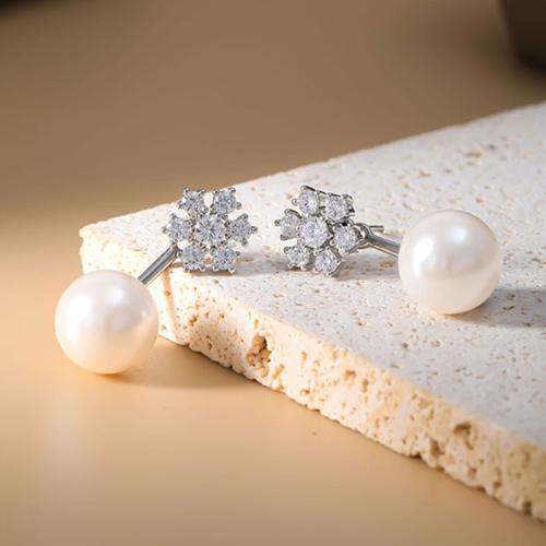 Brass Stud Earring, with Plastic Pearl, Snowflake, plated, micro pave cubic zirconia & for woman, silver color, 10x23mm, Sold By PC