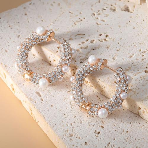 Brass Huggie Hoop Earring, with Plastic Pearl, gold color plated, micro pave cubic zirconia & for woman, gold, 6x25mm, Sold By PC