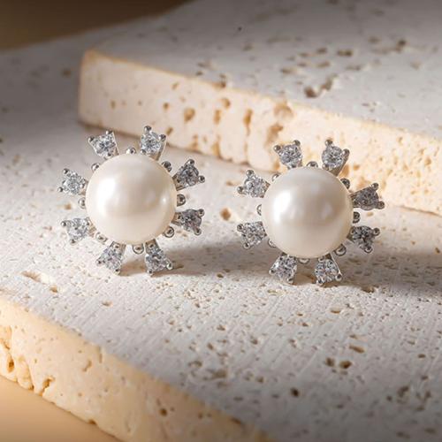 Brass Stud Earring, with Plastic Pearl, Snowflake, plated, micro pave cubic zirconia & for woman, silver color, 12x12mm, Sold By PC