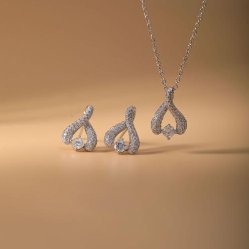 Brass Jewelry Set, Stud Earring & necklace, Heart, plated, 2 pieces & micro pave cubic zirconia & for woman, silver color, Sold By Set