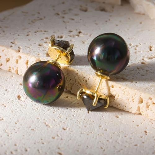 Brass Stud Earring, with Plastic Pearl, gold color plated, for woman & with cubic zirconia, 11x21mm, Sold By PC