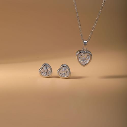 Brass Jewelry Set, Stud Earring & necklace, Heart, plated, 2 pieces & micro pave cubic zirconia & for woman, silver color, Sold By Set