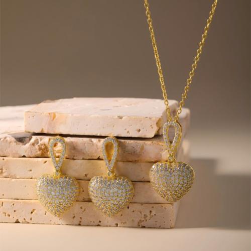 Brass Jewelry Set, earring & necklace, Heart, plated, 2 pieces & micro pave cubic zirconia & for woman, more colors for choice, Sold By Set