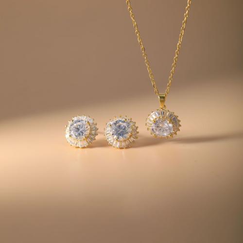 Brass Jewelry Set, Stud Earring & necklace, Round, plated, 2 pieces & micro pave cubic zirconia & for woman, more colors for choice, Sold By Set