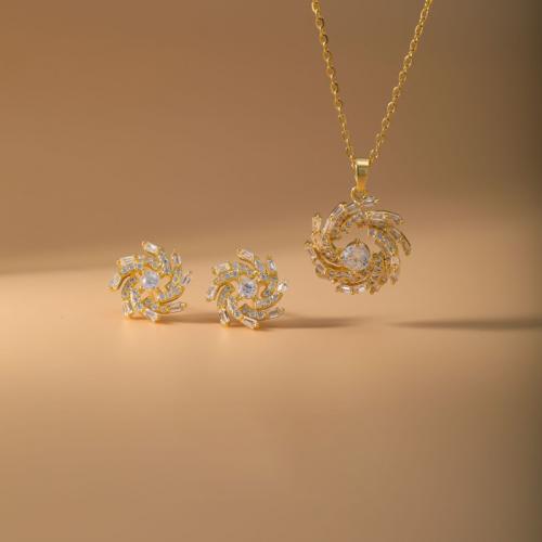 Brass Jewelry Set, Stud Earring & necklace, plated, 2 pieces & micro pave cubic zirconia & for woman, gold, Sold By Set
