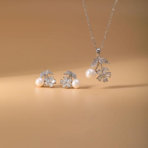Brass Jewelry Set, Stud Earring & necklace, with Plastic Pearl, Flower, plated, 2 pieces & micro pave cubic zirconia & for woman, silver color, Sold By Set
