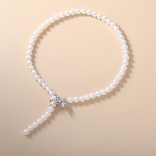 Brass Necklace, with Plastic Pearl, Bowknot, plated, micro pave cubic zirconia & for woman, silver color, plastic pearl size 8mm, Length:Approx 17 Inch, Sold By PC