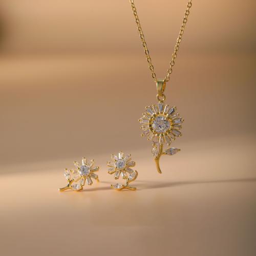 Brass Jewelry Set, Stud Earring & necklace, Sunflower, plated, 2 pieces & micro pave cubic zirconia & for woman, more colors for choice, necklace length 17inch, earring size 12x8mm, Sold By Set