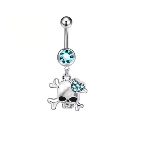 304 Stainless Steel Belly Ring, Skull, Unisex & micro pave cubic zirconia, belly ring rod size 1.6x10mm, Sold By PC