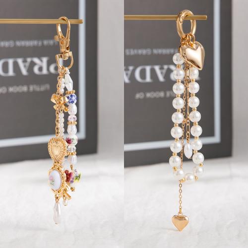 Bag Purse Charms Keyrings Keychains, Tibetan Style, with ABS Plastic Pearl & Porcelain & Acrylic, gold color plated, fashion jewelry, more colors for choice, Sold By PC