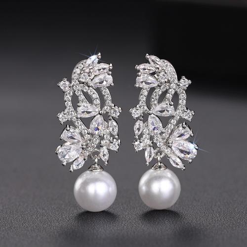 Cubic Zirconia Micro Pave Brass Earring, with Plastic Pearl, plated, different size for choice & micro pave cubic zirconia & for woman & hollow, Sold By Pair