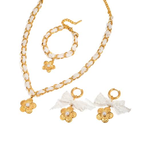 Fashion Stainless Steel Jewelry Sets, 304 Stainless Steel, with Lace & Plastic Pearl, plated, fashion jewelry & different styles for choice & for woman, golden, Sold By PC