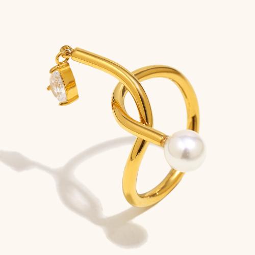 Cubic Zirconia Stainless Steel Finger Ring, 304 Stainless Steel, with Plastic Pearl, 18K gold plated, micro pave cubic zirconia & for woman & hollow, Sold By PC