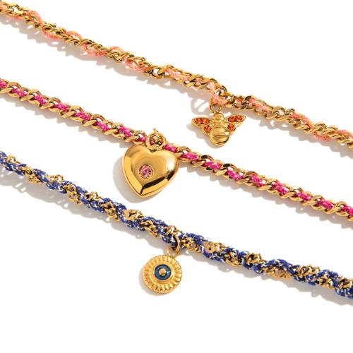 Stainless Steel Jewelry Bracelet, 304 Stainless Steel, with Polyester Cord, 18K gold plated, handmade & different styles for choice & for woman & with rhinestone, golden, Sold By PC