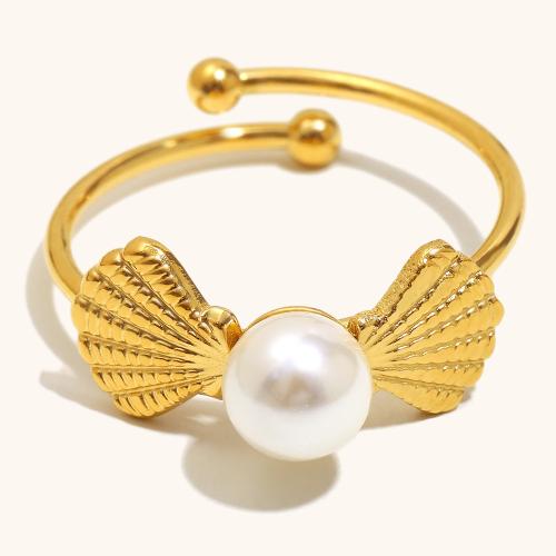 304 Stainless Steel Cuff Finger Ring, with Shell Pearl, 18K gold plated, fashion jewelry & for woman, Sold By PC