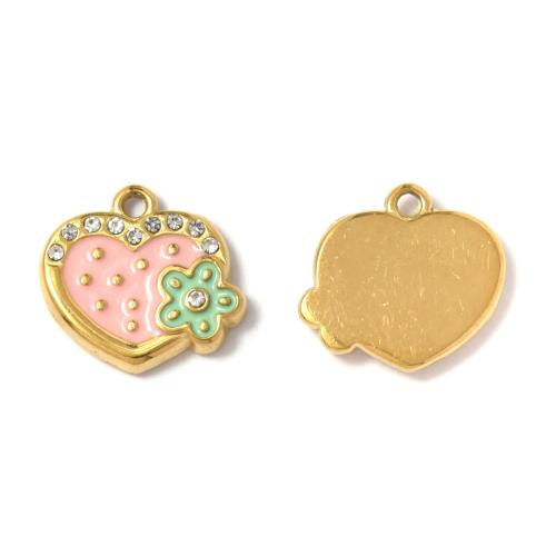 Stainless Steel Pendants, 304 Stainless Steel, Heart, gold color plated, DIY & micro pave cubic zirconia & enamel, mixed colors, 10PCs/Bag, Sold By Bag