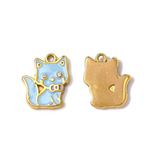 Stainless Steel Animal Pendants, 304 Stainless Steel, Cat, plated, DIY & micro pave cubic zirconia & enamel, mixed colors, 10PCs/Bag, Sold By Bag