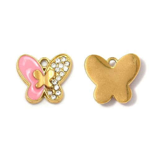 Stainless Steel Animal Pendants, 304 Stainless Steel, Butterfly, gold color plated, DIY & enamel & with rhinestone, mixed colors, 10PCs/Bag, Sold By Bag