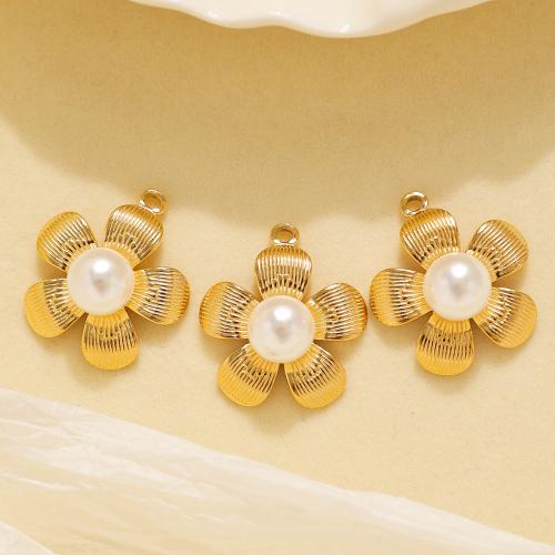 Stainless Steel Flower Pendant, 304 Stainless Steel, with Plastic Pearl, gold color plated, DIY, gold, 10PCs/Bag, Sold By Bag