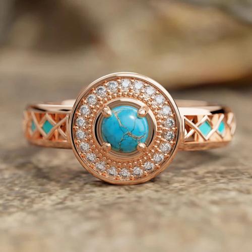 Cubic Zirconia Micro Pave Brass Ring, with Turquoise, plated, different size for choice & micro pave cubic zirconia & for woman & enamel, rose gold color, Sold By PC