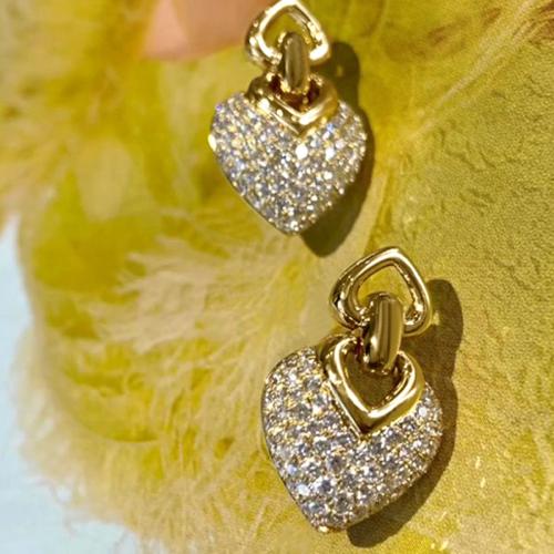 Boucles d'oreilles en laiton zircon cubique pavent, coeur, Placage, pavé de micro zircon & pour femme & creux, Vendu par paire